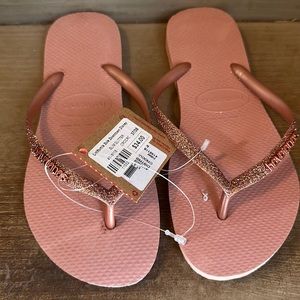 Rose gold glitter flip flops
